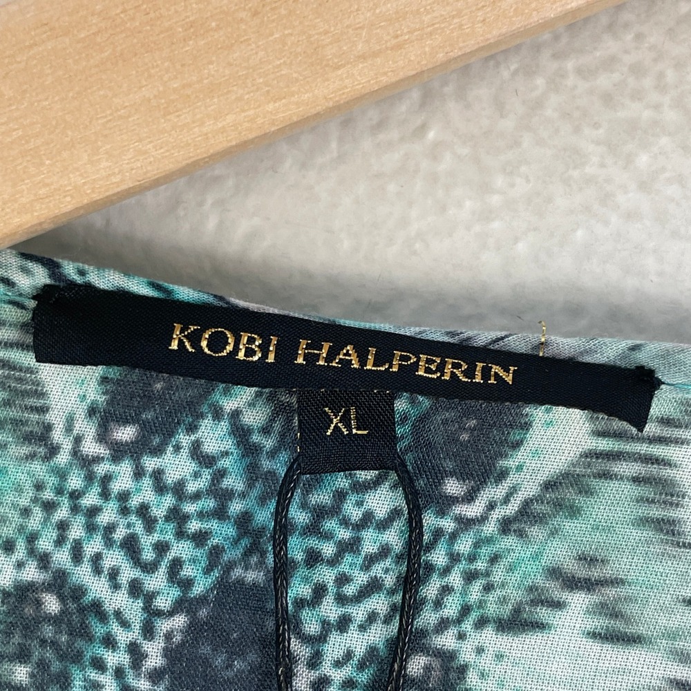 Kobi Halperin Womens XL Teal Ikat‎ Snakeskin Print Blouse Front Neck Tie Shirt - Picture 3 of 10